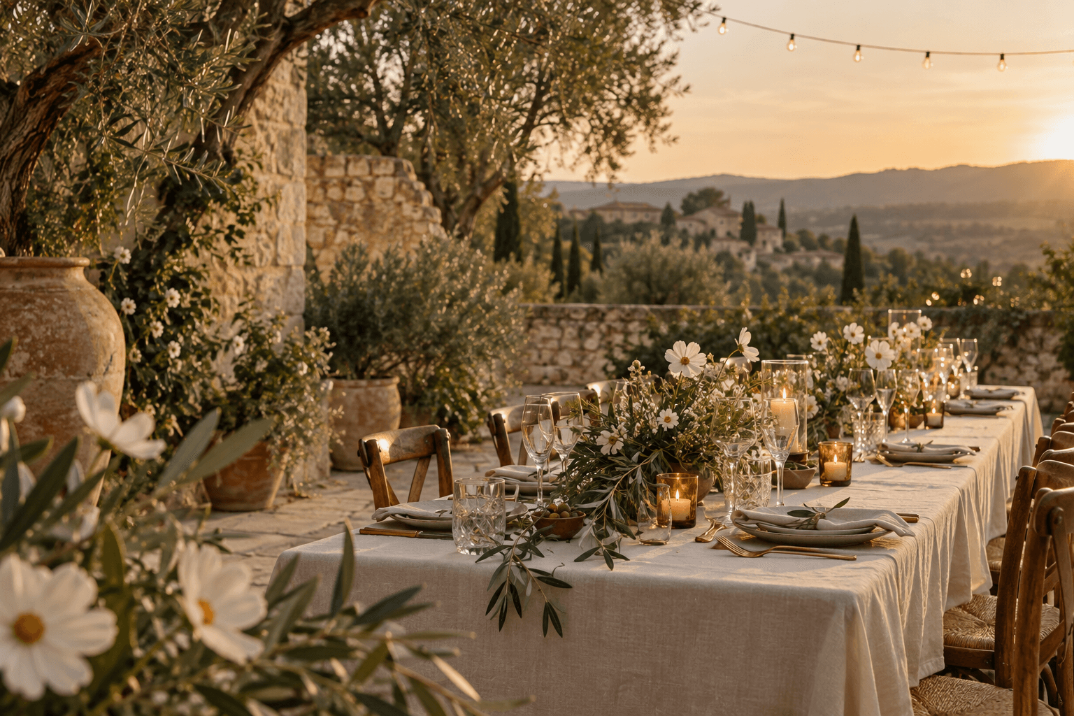 Une longue table dressée dans un jardin d’oliviers, à la lumière du soir